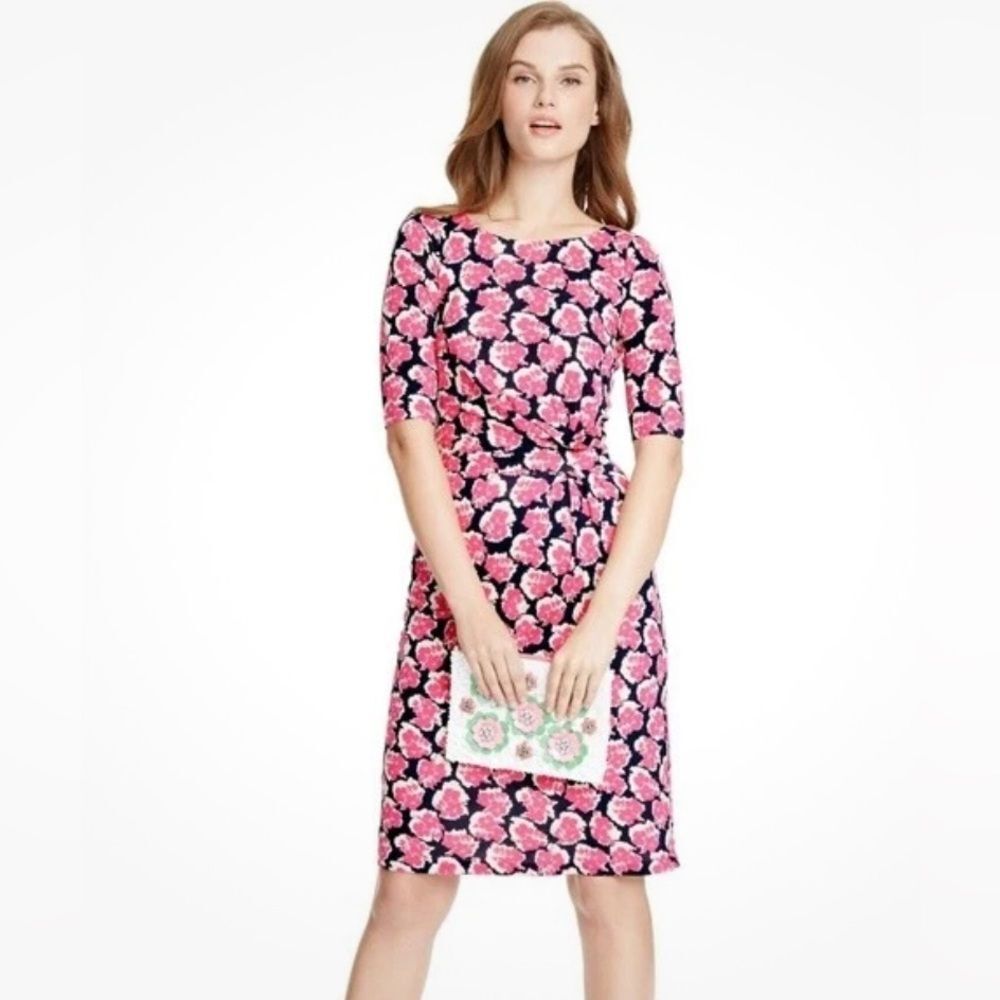 Boden Annie Floral Tencel Knee Length Sheath Dress Pink-Navy Women Size 8 Midi